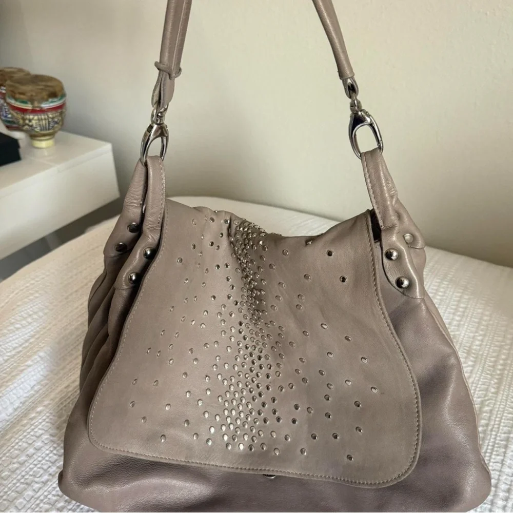 Tan Shoulder Bag with Perforated Design and Braided Strap - Picture 1 of 4